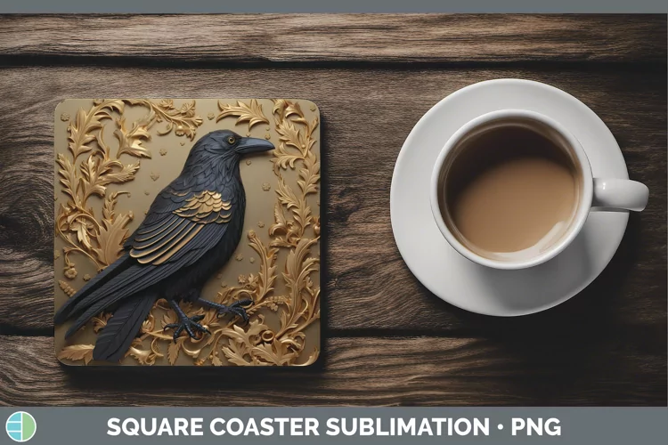 3D Black and Gold Crow Square Coaster Sublimation Coaster De