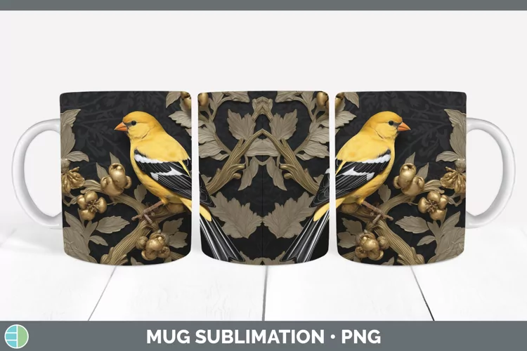 3D Black and Gold Goldfinch Mug Wrap Sublimation Coffee Cup