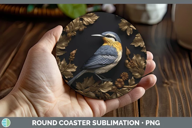 3D Black and Gold Nuthatch Round Coaster Sublimation Coaster