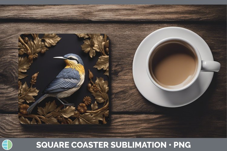 3D Black and Gold Nuthatch Square Coaster Sublimation Coaste example image 1