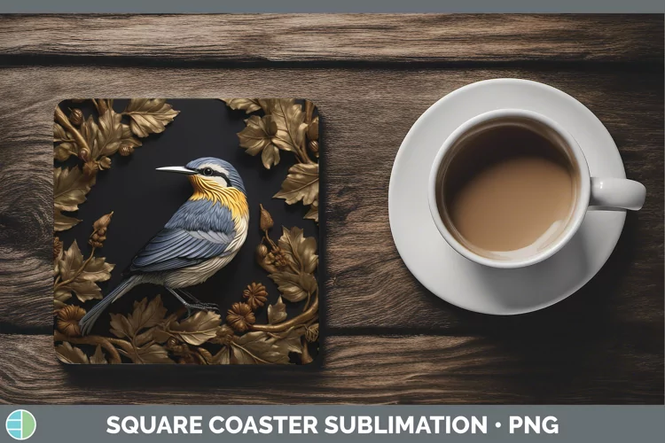 3D Black and Gold Nuthatch Square Coaster Sublimation Coaste