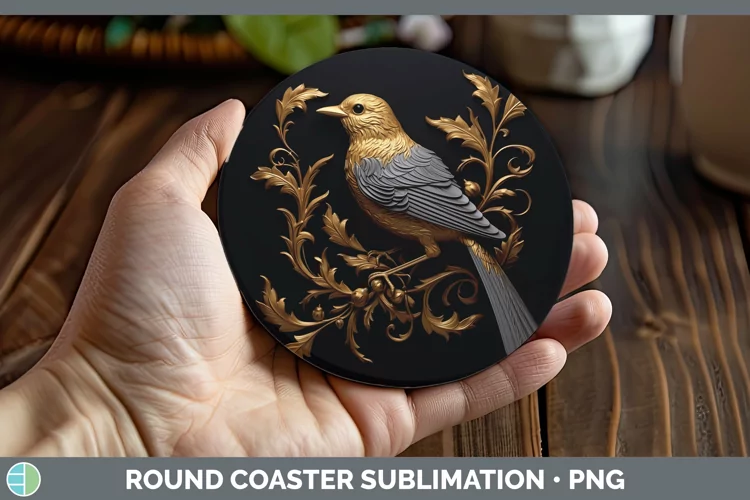 3D Black and Gold Sparrow Round Coaster Sublimation Coaster