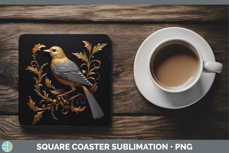 3D Black and Gold Sparrow Square Coaster Sublimation Coaster