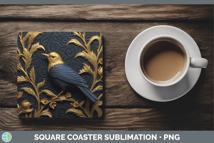 3D Black and Gold Warbler Square Coaster Sublimation Coaster