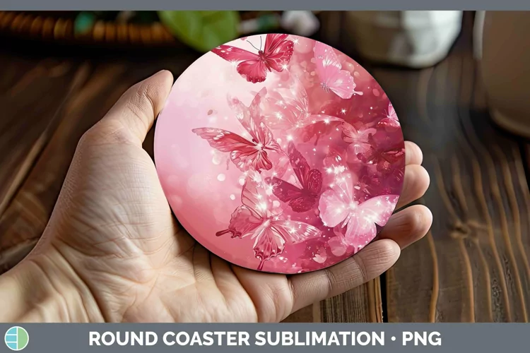 Pink Glow Butterflies Round Coaster Sublimation Coaster Desi