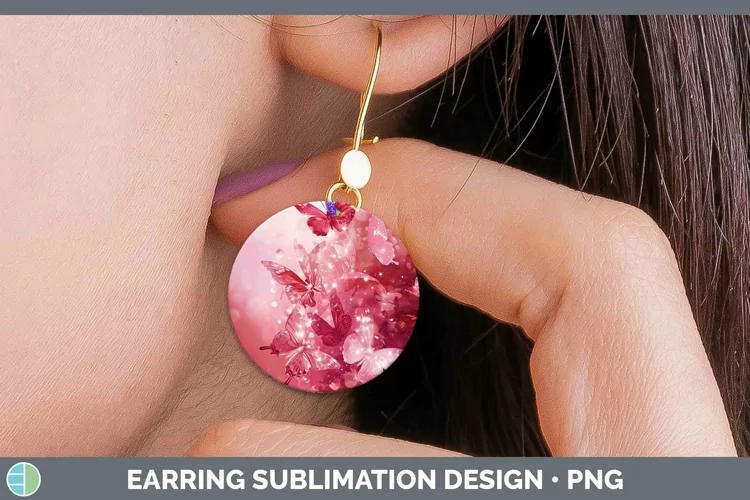 Pink Glow Butterflies Round Earrings Sublimation Earrings De