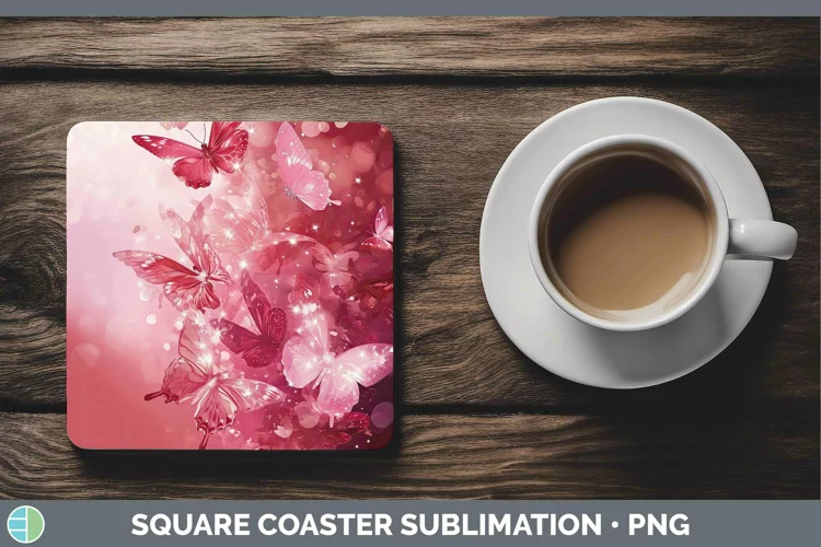 Pink Glow Butterflies Square Coaster Sublimation Coaster Des