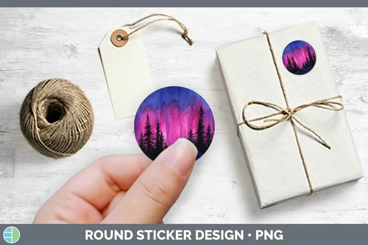 Pink Northern Lights Stickers | Round Labels Designs