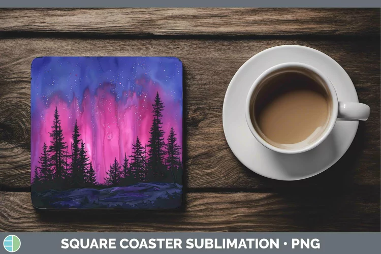 Pink Northern Lights Square Coaster Sublimation Coaster Desi