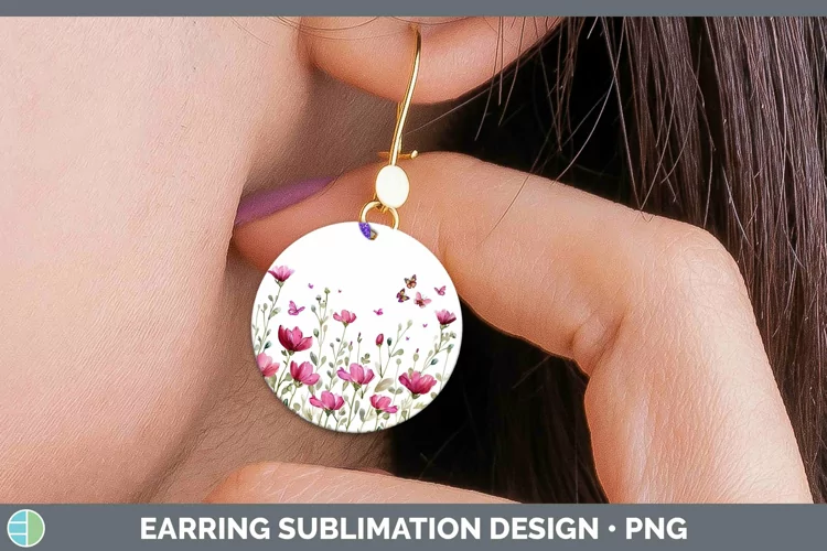 Pink Wild Flowers Round Earrings Sublimation Earrings Design