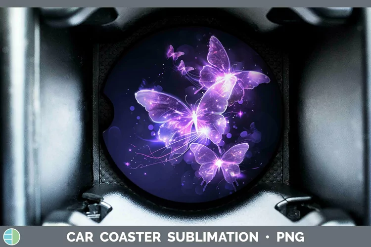 Purple Glow Butterflies Car Coaster Sublimation Coaster Desi