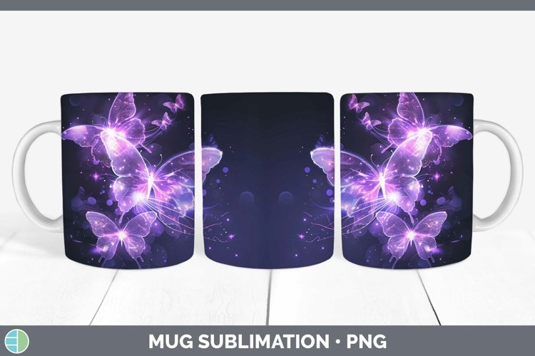 Purple Glow Butterflies Mug Wrap Sublimation Coffee Cup Desi