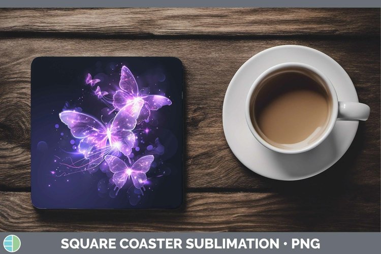 Purple Glow Butterflies Square Coaster Sublimation Coaster D example image 1