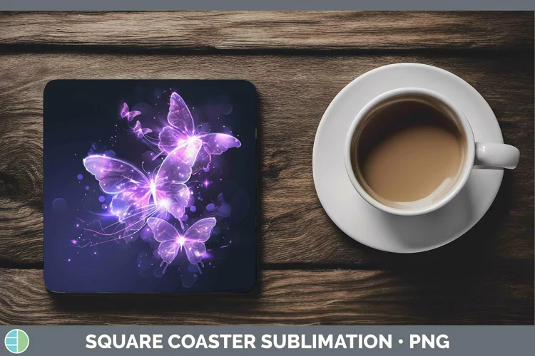 Purple Glow Butterflies Square Coaster Sublimation Coaster D
