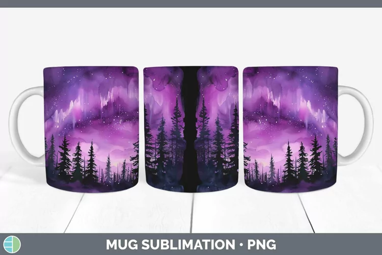 Purple Northern Lights Mug Wrap Sublimation Coffee Cup Desig