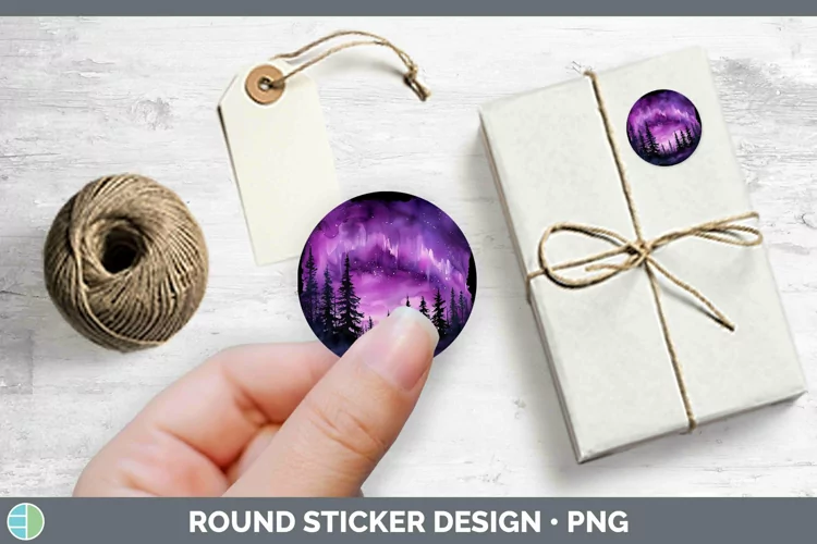 Purple Northern Lights Stickers | Round Labels Designs