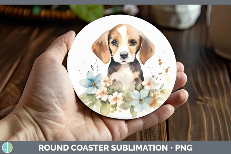 Cartoon Watercolor Beagle Round Coaster | Sublimation Coaste