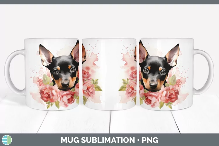 Cartoon Watercolor Doberman Pinscher Mug Wrap | Sublimation