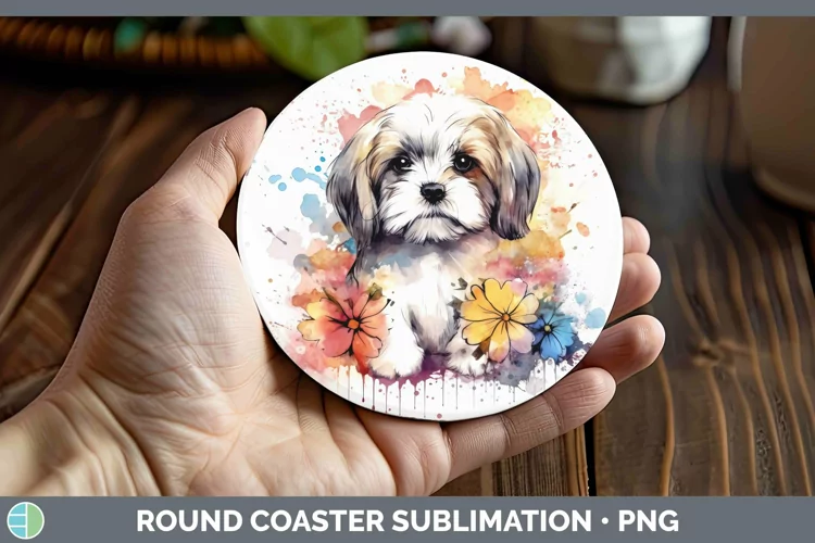 Cartoon Watercolor Lhasa Apso Round Coaster | Sublimation Co