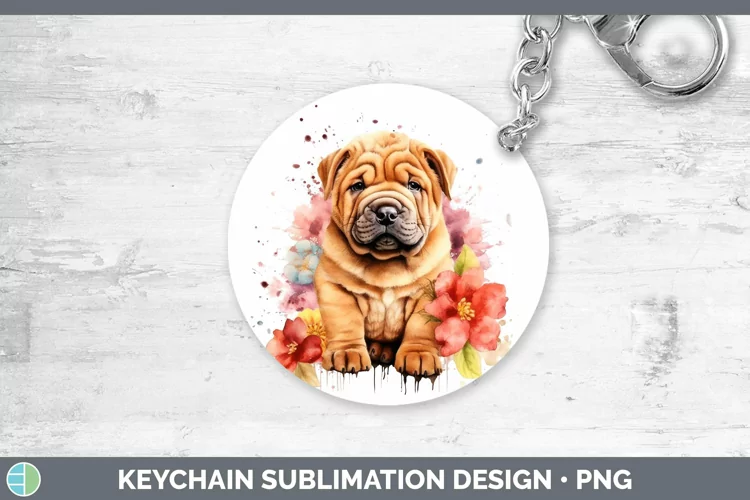 Cartoon Watercolor Shar Pei Keychain | Sublimation Keyring D
