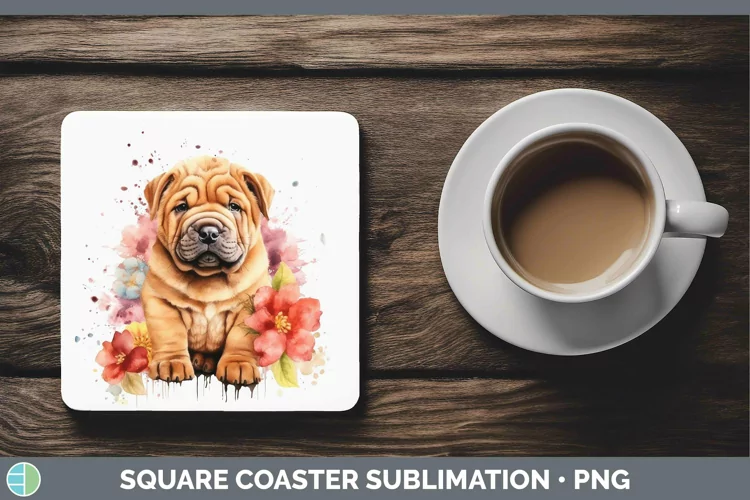 Cartoon Watercolor Shar Pei Square Coaster | Sublimation Coa