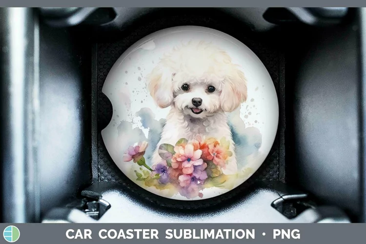 Cartoon Watercolor Bichon Frise Car Coaster | Sublimation Co