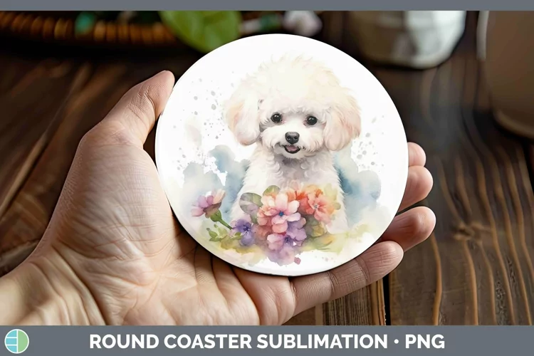 Watercolor Dogs. Bichon Frise Round Coaster Sublimation Coas