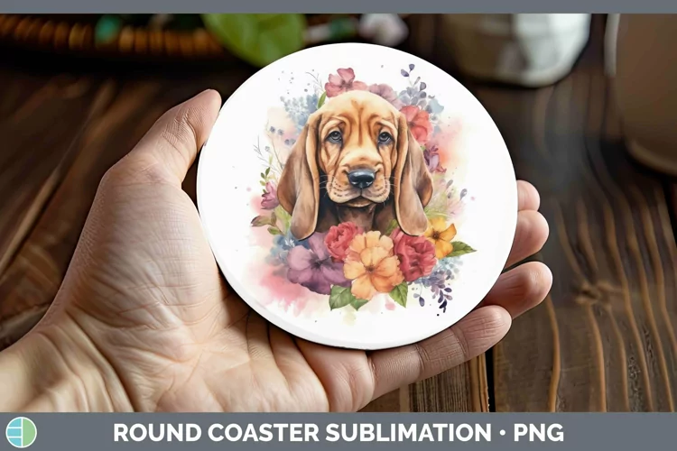 Watercolor Dogs. Bloodhound Round Coaster Sublimation Coaste