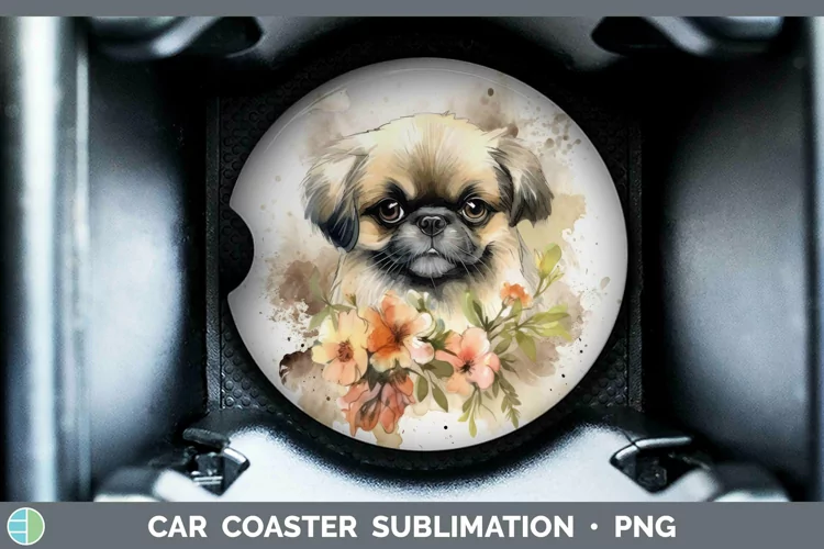 Cartoon Watercolor Pekingese Car Coaster | Sublimation Coast