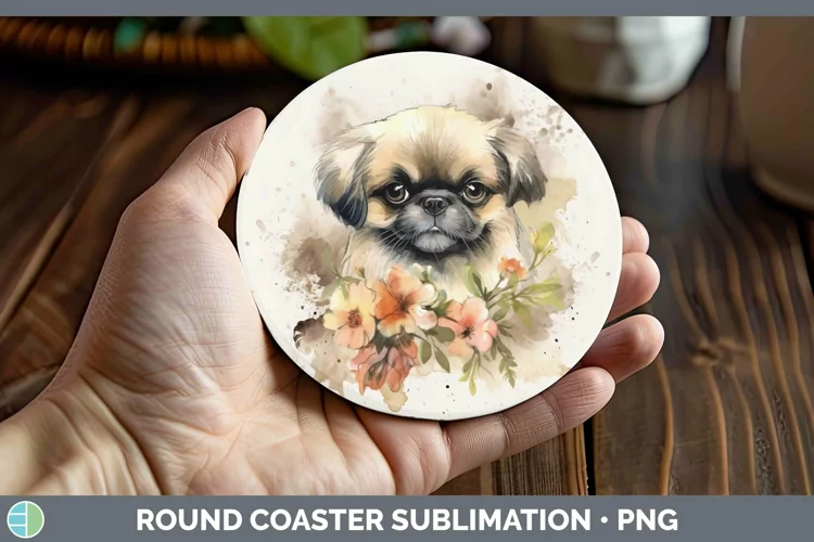 Watercolor Dogs. Pekingese Round Coaster Sublimation Coaster
