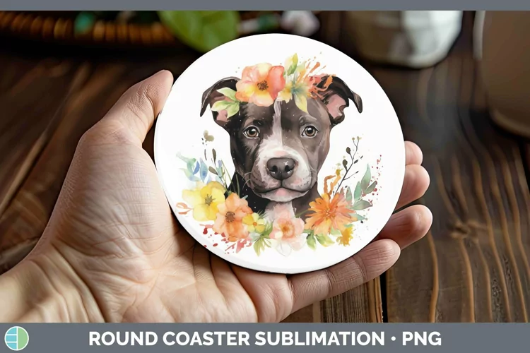 Watercolor Dogs. Pit Bull Round Coaster Sublimation Coaster