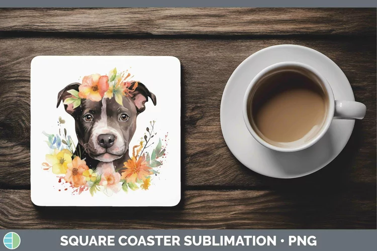 Watercolor Dogs Pit Bull Square Coaster Sublimation Coaster