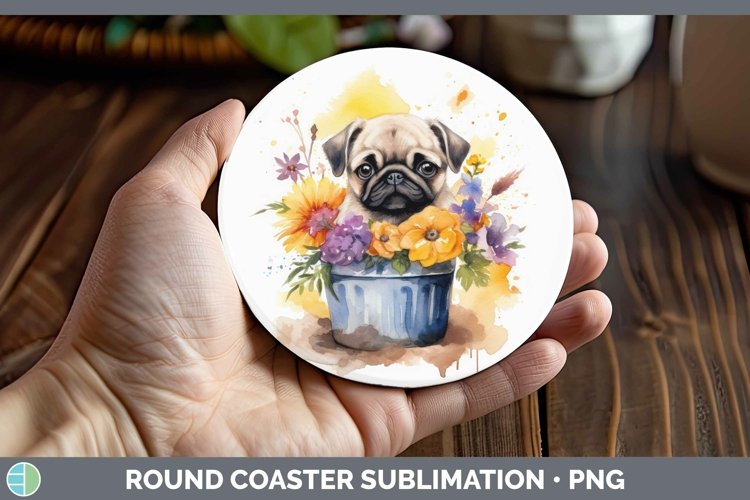 Watercolor Dogs. Pug Round Coaster Sublimation Coaster Desig