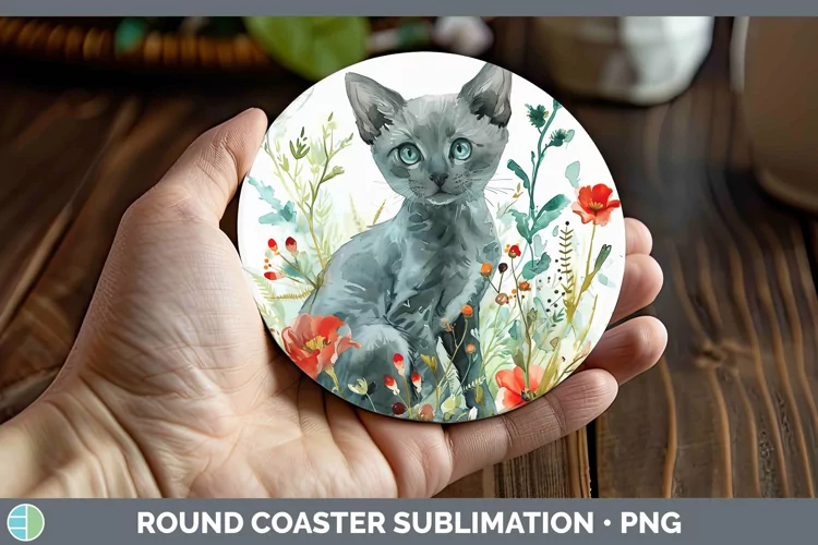 Boho Cat Russian Blue Cat Round Coaster Sublimation Coaster