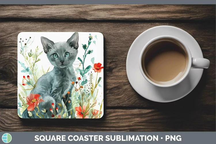 Boho Cat Russian Blue Cat Square Coaster Sublimation Coaster