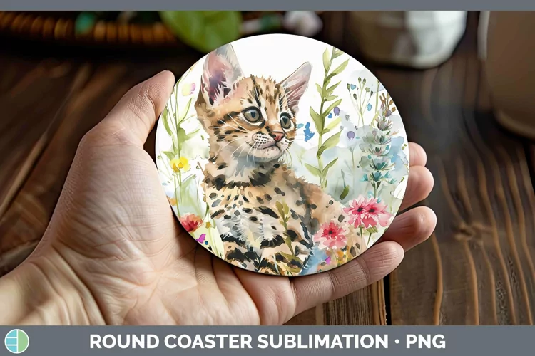 Boho Cat Savannah Cat Round Coaster Sublimation Coaster Desi