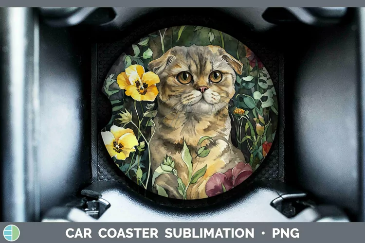 Boho Cat Scottish Fold Cat Car Coaster Sublimation Coaster D