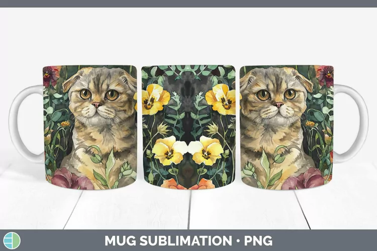 Boho Cat Scottish Fold Cat Mug Wrap Sublimation Coffee Cup D