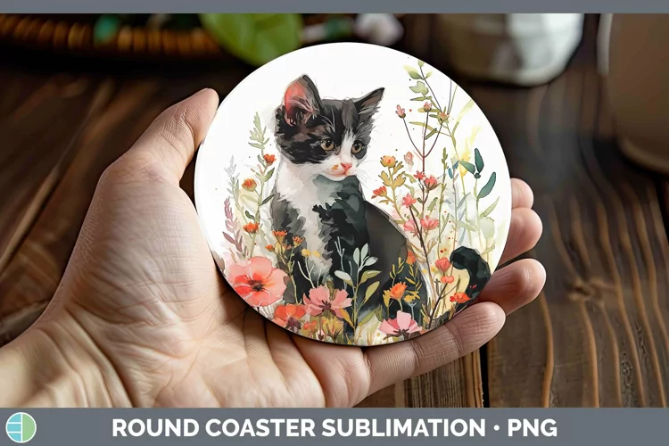Boho Cat Tuxedo Cat Round Coaster Sublimation Coaster Design