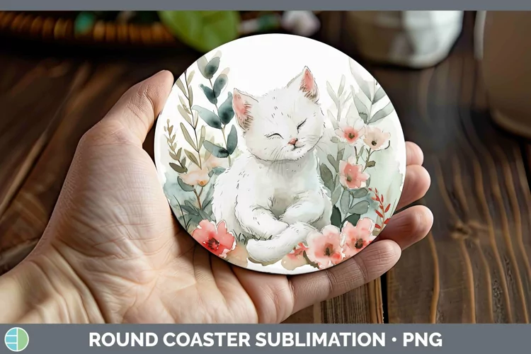 Boho Cat White Cat Round Coaster Sublimation Coaster Designs