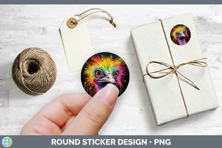 Neon Ostrich Stickers | Round Labels Designs