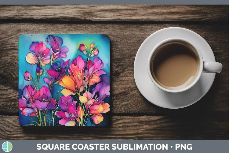 Neon Flowers Freesia Square Coaster Sublimation Coaster Desi