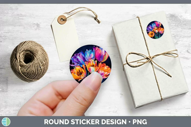 Neon Flowers Tulip Stickers | Round Labels Designs