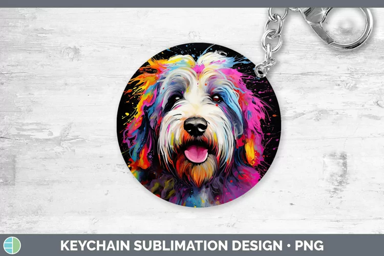 Neon Dogs Old English Sheepdog Keychain Sublimation Keyring