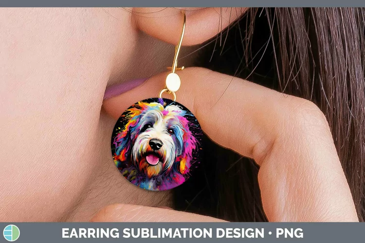 Neon Dogs Old English Sheepdog Round Earrings Sublimation Ea