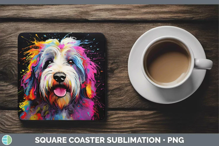 Neon Dogs Old English Sheepdog Square Coaster Sublimation Co