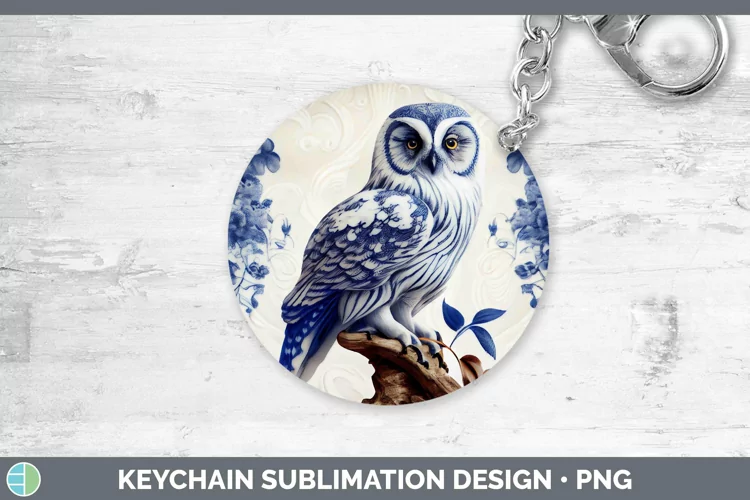 Blue and White Porcelain Owl Keychain Sublimation