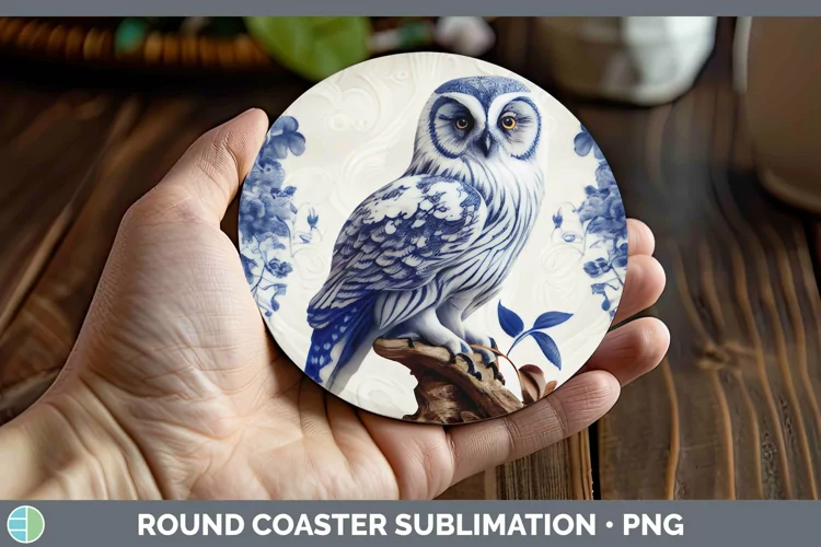 Blue and White Porcelain Owl Round Coaster Sublimation