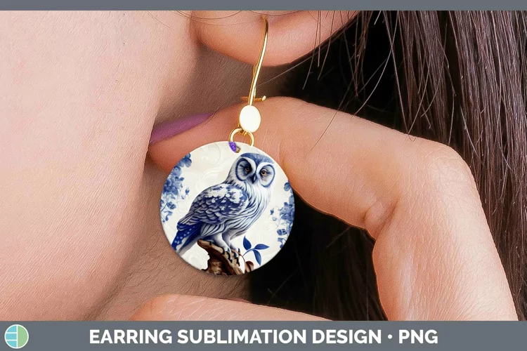 Blue and White Porcelain Owl Round Earrings Sublimation