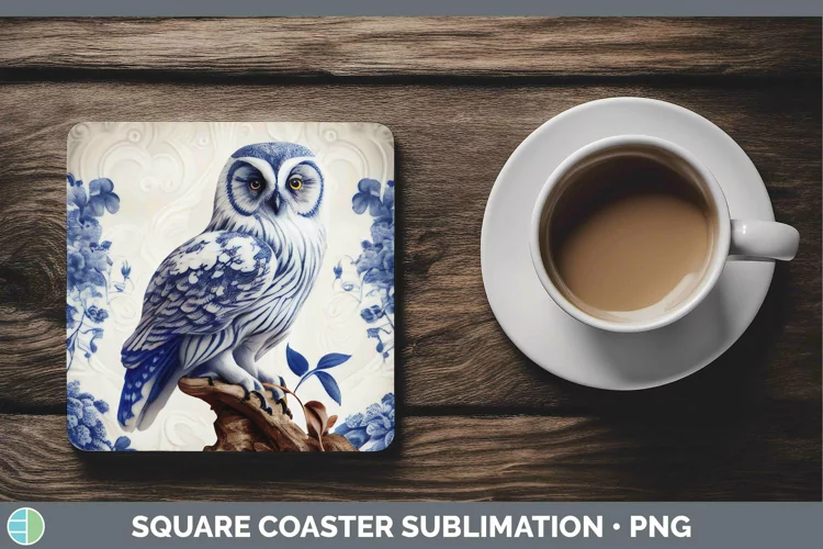 Blue and White Porcelain Owl Square Coaster Sublimation